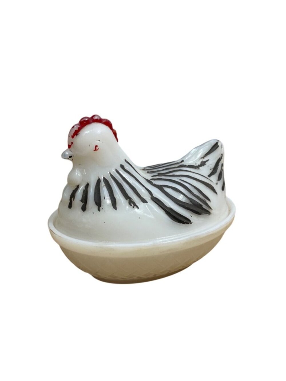 Vtg Westmoreland Hen On Nest Dish White Milk Glass Black and Red Accents Rare
